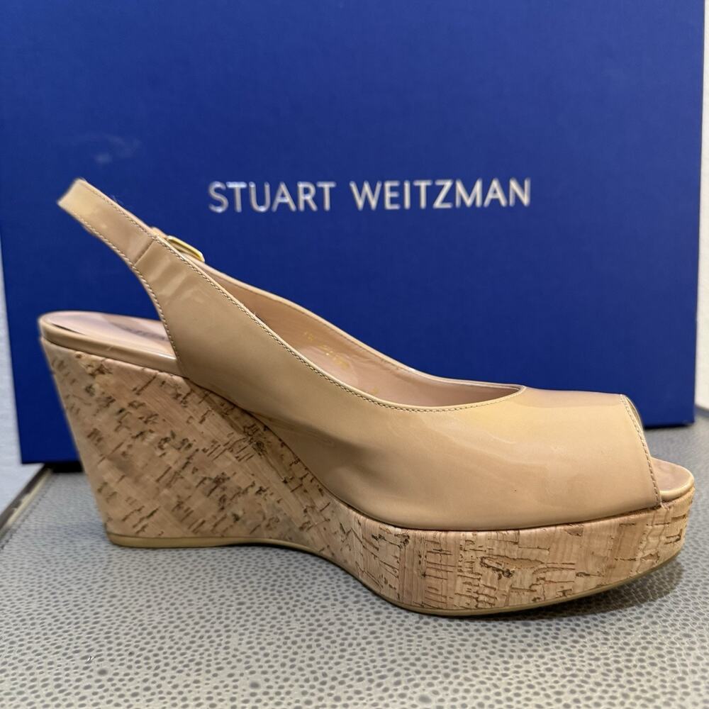STUART WEITZMAN AUTH $399 Women Beige Patent Leather Jean Wedge Sandals Size 9 M - Picture 12 of 16